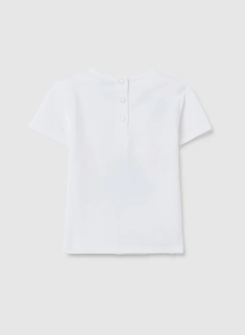 او في اس OVS Girl'S White Stretchy Cotton T-Shirt With Stitch
